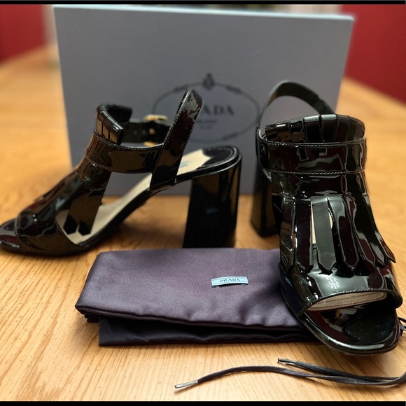 PRADA Patent Leather Kilt Block-Heel Sandals - Picture 11 of 15